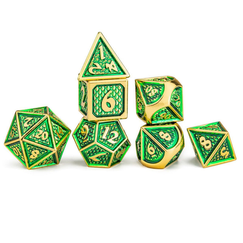 Hymgho Metal Behemoth Dice - Gold w/Green Polyhedral Set (7)