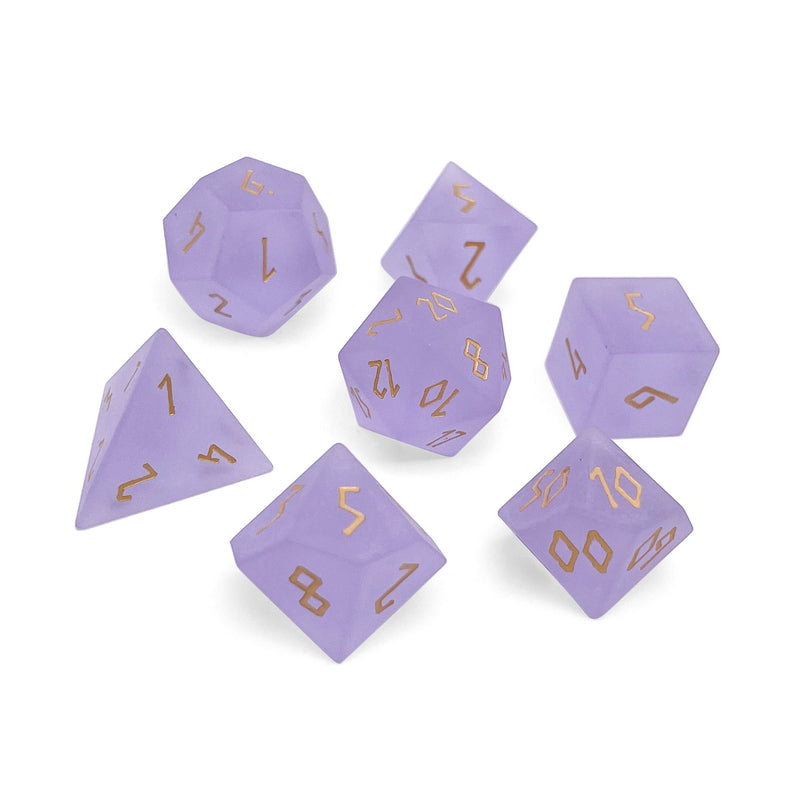 Norse Foundry 7 Die Glass RPG Dice Set: Gold Font Frosted Amethyst K9 Glass