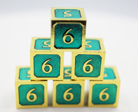 6 piece Metal D6's - Teal and Gold