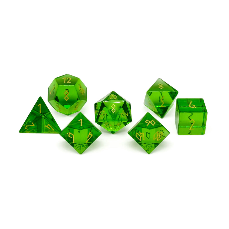 Norse Foundry 7 Die Glass RPG Dice Set: Emerald Zircon Glass Gold Font