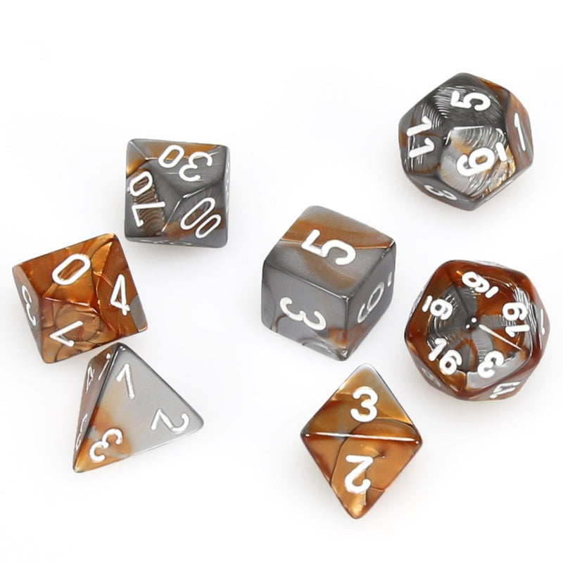 Chessex Gemini: Copper-Steel/White 7 Dice Set