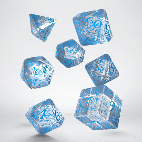 Q Workshop Dice Set - Elven Transparent and Blue 7 Dice Set